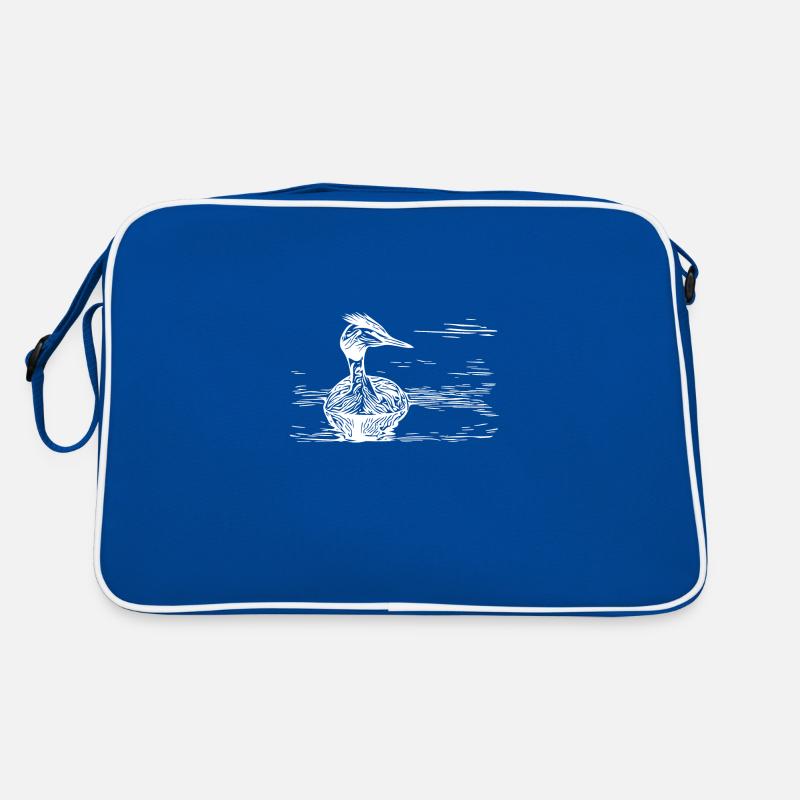 Vintage crested grebe floating on river Retro Bag