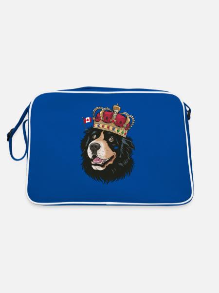 Cartoon Neufundländer, niedliches Motiv mit Krone - Retro Tasche - Blau/Weiß - Hinten