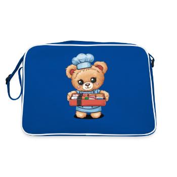Kawaii Teddybär mit farbenfroher Lunch Box - Retro Tasche - Blau/Weiß - Hinten
