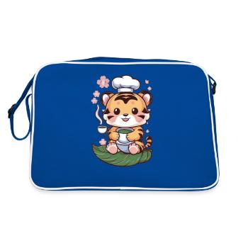 Tiger im Cartoon Stil mit grünem Tee - Retro Tasche - Blau/Weiß - Hinten