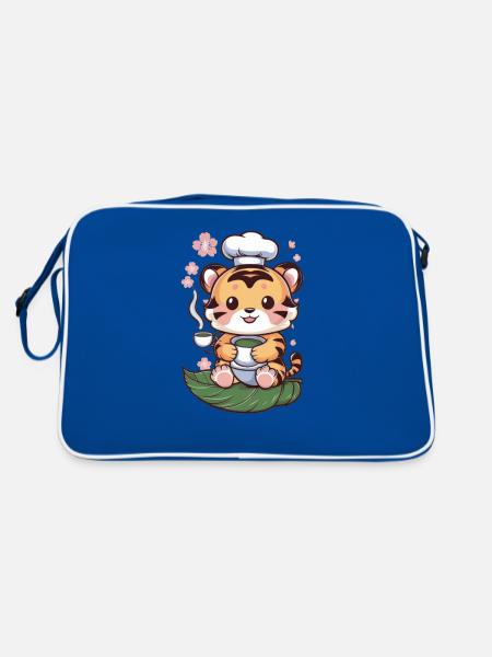 Tiger in cartoon style with green tea - Retro Bag - blue/white - Back