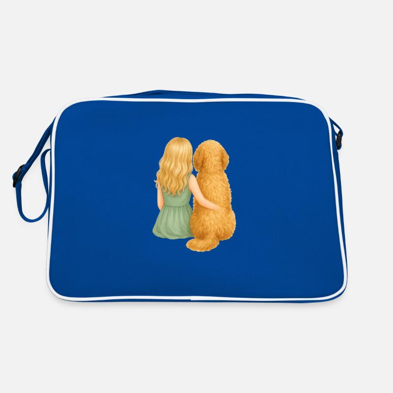 Kleines blondes Mädchen mit Golden Retriever Retro Tasche