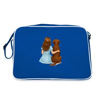 Brünette Frau mit braunem Labrador - Retro Tasche - Blau/Weiß - Hinten