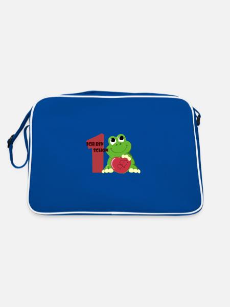 Kleiner grüner Frosch mit rotem Herz 1. Geburtstag - Retro Tasche - Blau/Weiß - Hinten