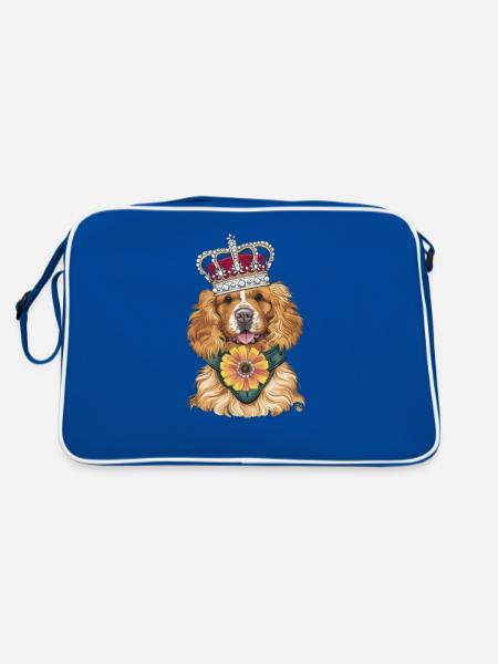 Cocker Spaniel mit Blumen und Krone - Retro Tasche - Blau/Weiß - Hinten