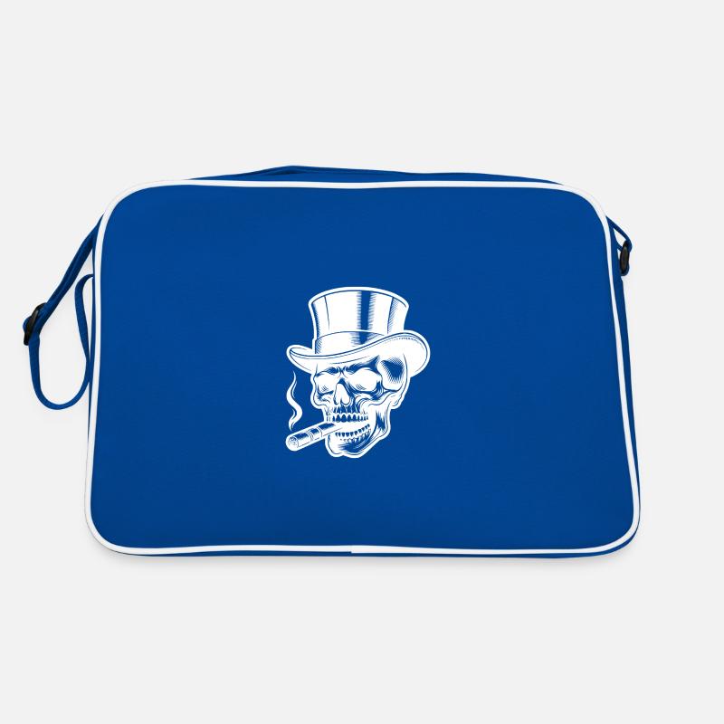 Finsterer Schädel mit Zigarren Rauch und Zylinder Retro Tasche