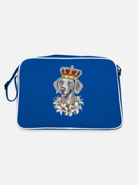 Weimaraner Hund mit Krone und schönen Lillien - Retro Tasche - Blau/Weiß - Hinten