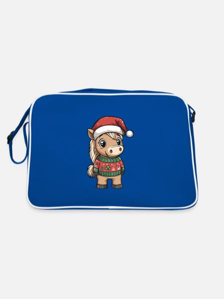 Pferd Weihnachten Comic - Retro Tasche - Blau/Weiß - Hinten