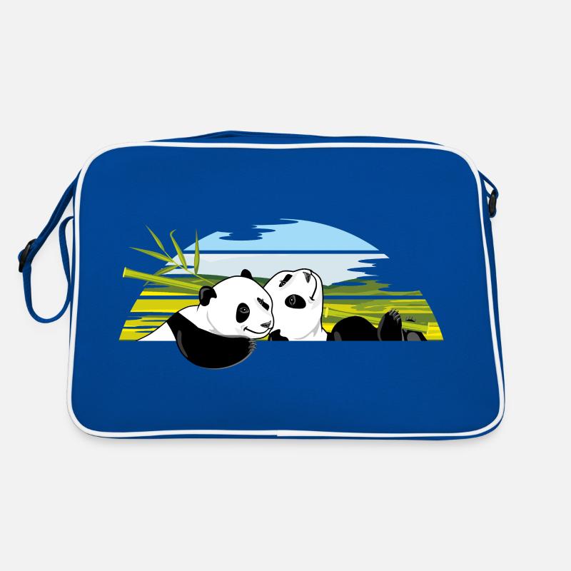 Zwei glückliche Panda-Junge mit einem Bambusast Retro Tasche