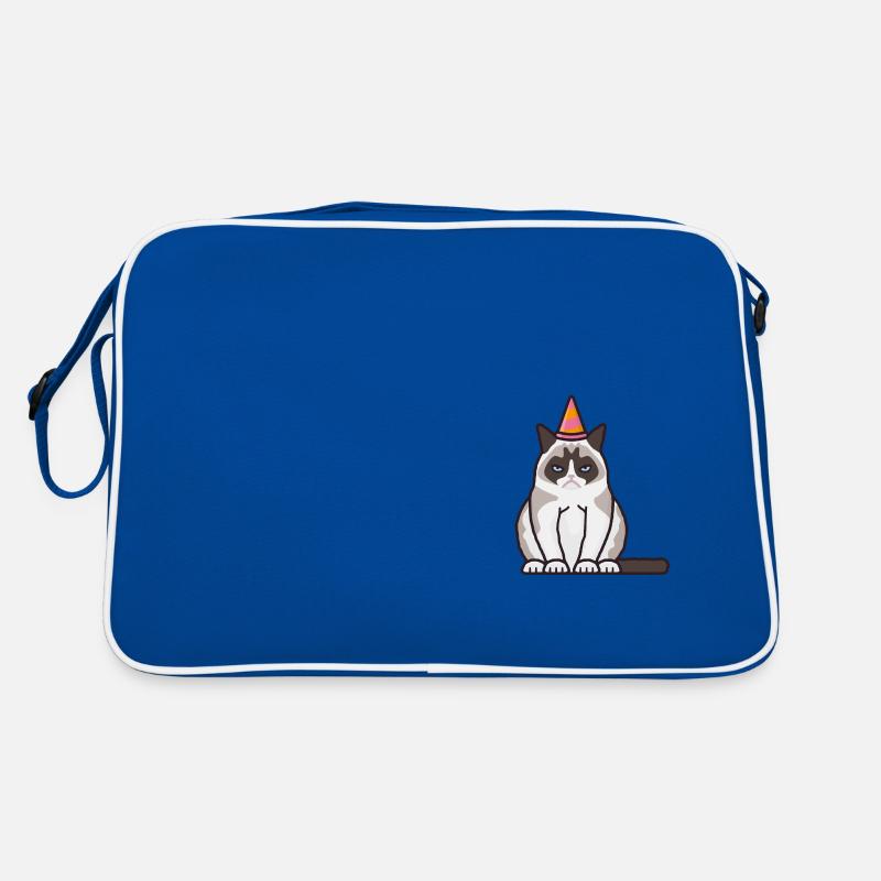 Grummelige, grimmige Katze mit Party-Hut - Retro Tasche - Blau/Weiß