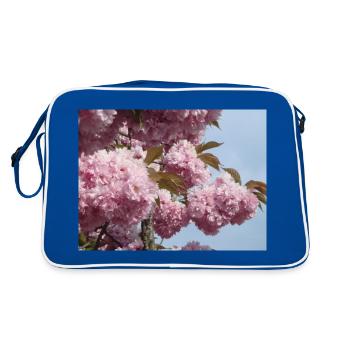 Rosa Zweige vom Zierkirschenbaum - Retro Tasche - Blau/Weiß - Hinten