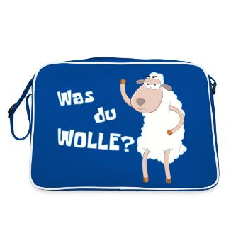Wütendes Schaf fragt: "Was du Wolle?" - Wortwitz - Retro Tasche - Blau/Weiß - Hinten