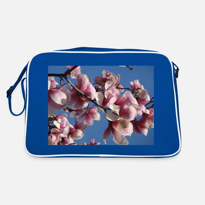 Pink magnolia branches in spring - Retro Bag - blue/white