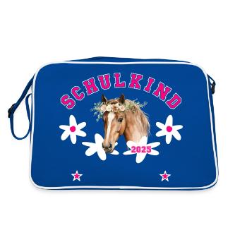 Schulkind 2025 - Pferd - mit Name des Kindes - Retro Tasche - Blau/Weiß - Hinten