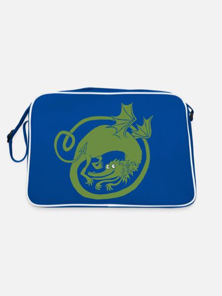 Drache (hellgrün) - Retro Tasche - Blau/Weiß