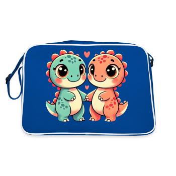 Two Cute Dinosaur Friends Holding Hands - Retro Tasche - Blau/Weiß - Hinten
