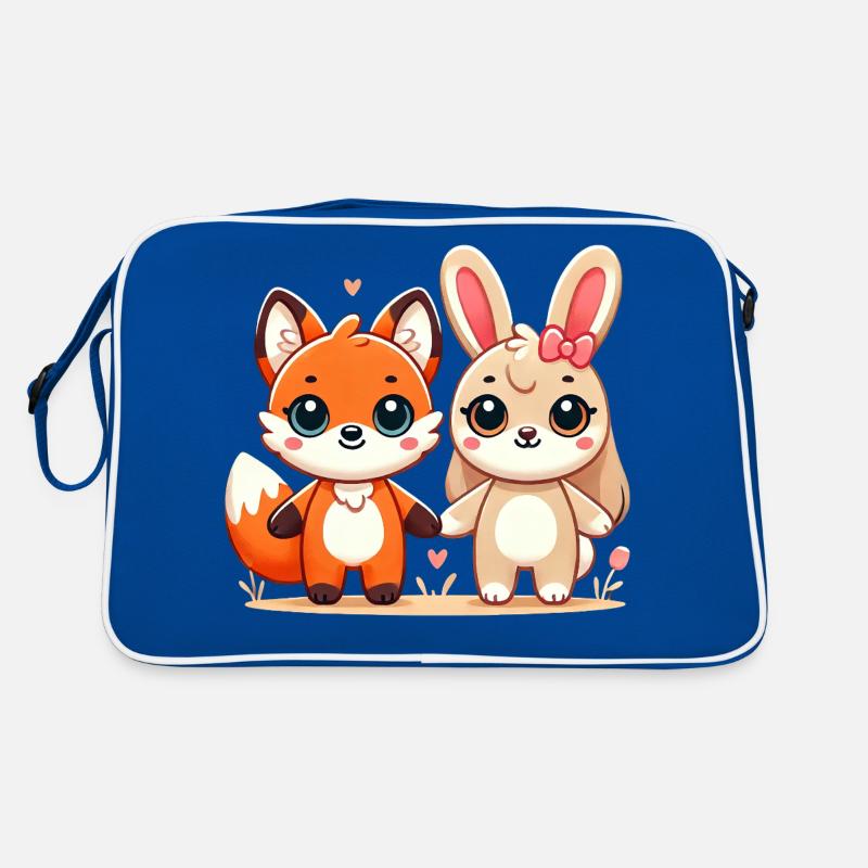 Fox And Rabbit Friends Holding Hands - Retro Tasche - Blau/Weiß