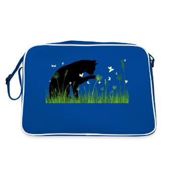 Spring design - cat in flower meadow - Retro Bag - blue/white - Back