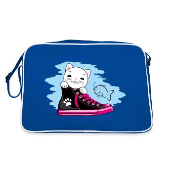 Funny white kitten peeking out of a sneaker - Retro Bag - blue/white - Back