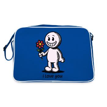 Stick figure with flower I LOVE YOU - Retro Bag - blue/white - Back