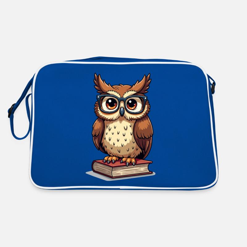 Süße Eule mit Brille auf Buch - Retro Tasche - Blau/Weiß