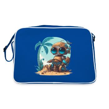 Un petit robot sur la plage sous un palmier - Sac Retro - bleu/blanc - Dos