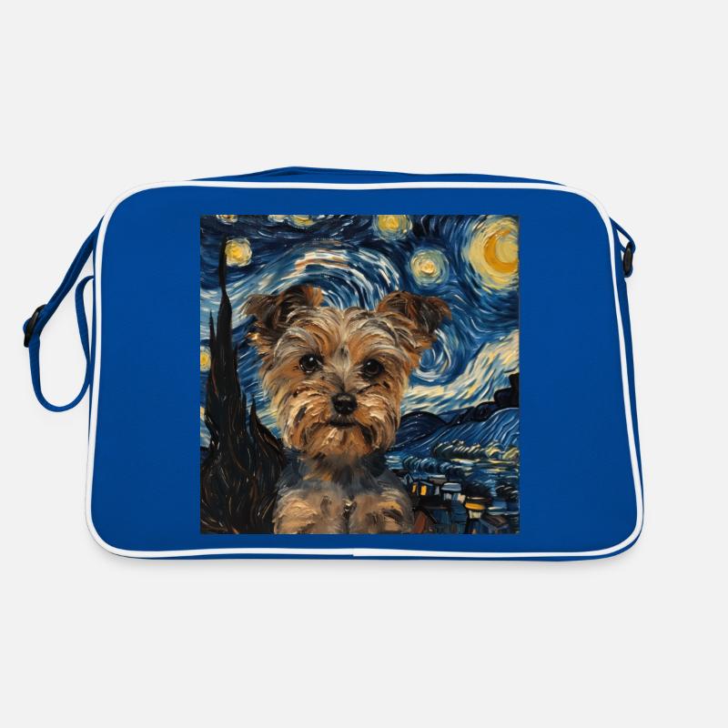 Yorkshire terrier, hund, Van Gogh, Sternennacht - Retro Tasche - Blau/Weiß