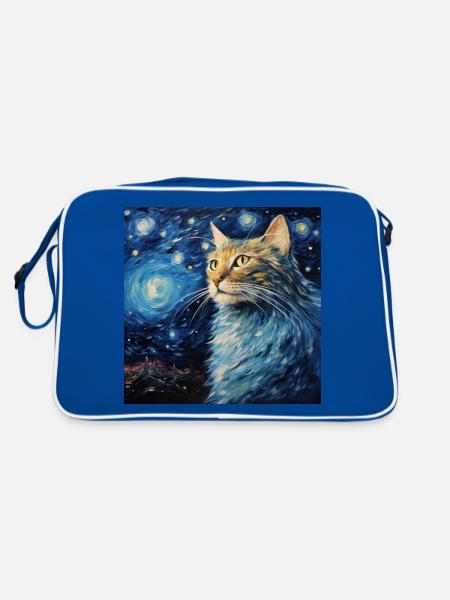 Chat, Motif De Chat, Van Gogh, Nuit Étoilée - Sac Retro - bleu/blanc - Dos