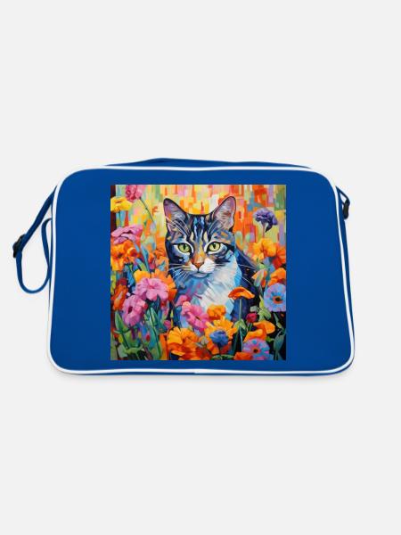 chat, motif de chat, fleurs, cadeau, idée cadeau - Sac Retro - bleu/blanc - Dos