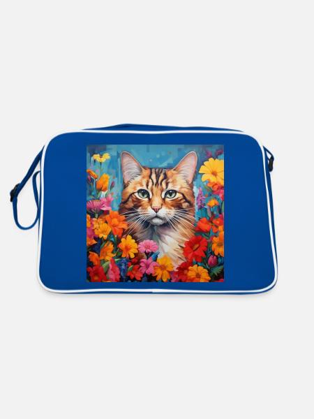 Katze, katzenmotiv, blumen, geschenk, geschenkidee - Retro Tasche - Blau/Weiß - Hinten