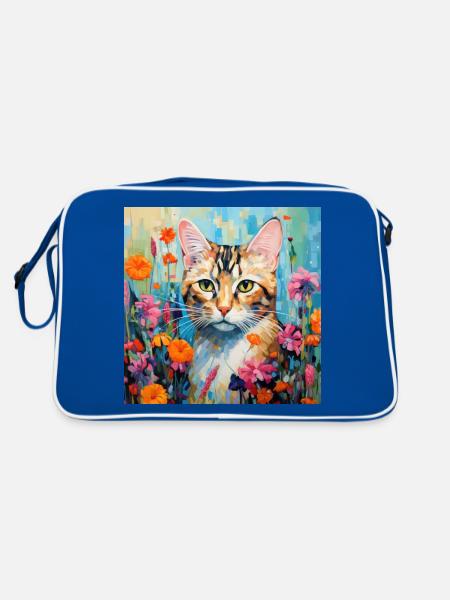chat, motif de chat, fleurs, cadeau, idée cadeau - Sac Retro - bleu/blanc - Dos