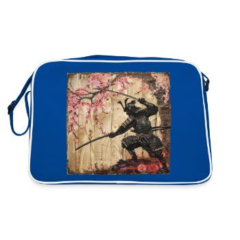 Japonais, Samouraï, Cerisier en fleurs, Art, Ukiyo-e - Sac Retro - bleu/blanc - Dos