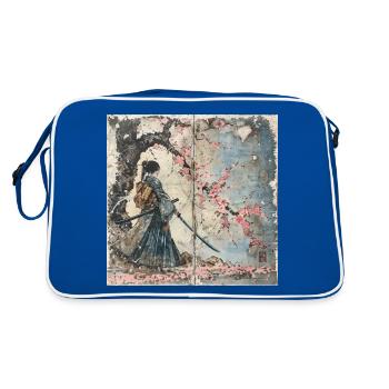 Japonais, Samouraï, Cerisier en fleurs, Art, Ukiyo-e - Sac Retro - bleu/blanc - Dos