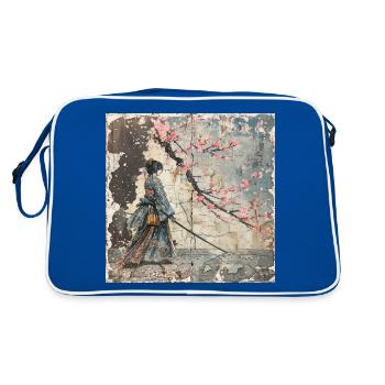 Japonais, Samouraï, Cerisier en fleurs, Art, Ukiyo-e - Sac Retro - bleu/blanc - Dos
