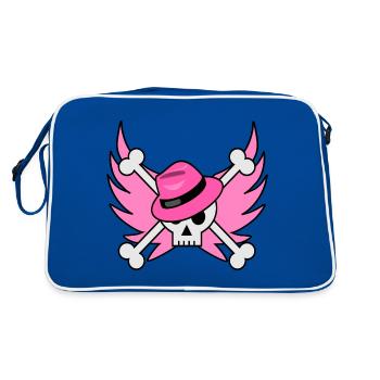 Flying Skull mit pinkfarbenem Hut und rosa Flügeln - Retro Tasche - Blau/Weiß - Hinten
