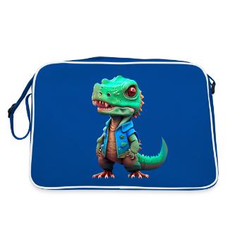 kleiner T-Rex in Jeansjacke - Retro Tasche - Blau/Weiß - Hinten