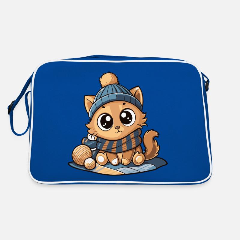 Chat mignon avec écharpe et chapeau à pompon. Sac Retro