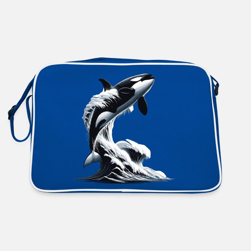 Une orque dans qui saute dans une vague océan - Sac Retro - bleu/blanc