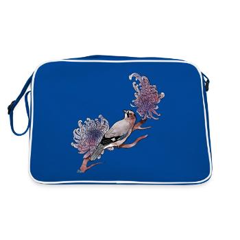 Eichelhäher auf Dahlie - Retro Tasche - Blau/Weiß - Hinten