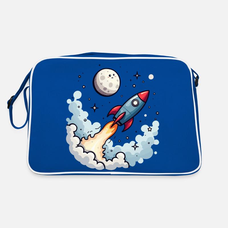 Comic Rakete fliegt zum Mond - Retro Tasche - Blau/Weiß