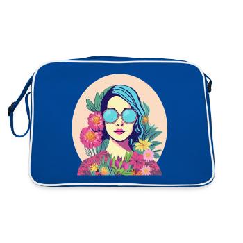 Seventies_Frau mit Blumen - Retro Tasche - Blau/Weiß - Hinten