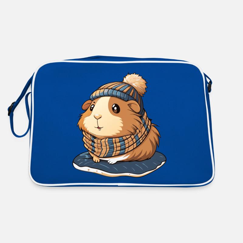 Mignon cochon d’Inde avec écharpe et chapeau à pompon. Sac Retro
