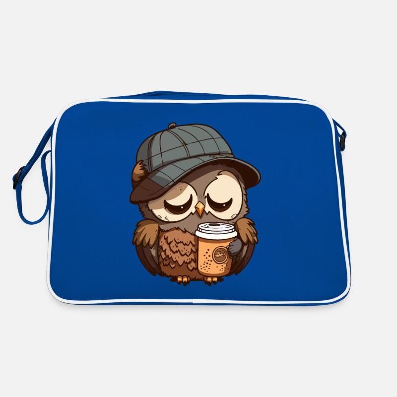 Müde Eule mit einem Kaffeebecher - Retro Tasche - Blau/Weiß