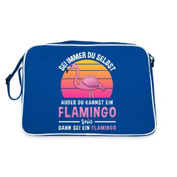 Rosa Roter Vogel Flamingo - Retro Tasche - Blau/Weiß - Hinten