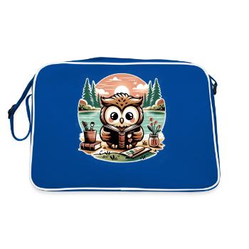 Eule Liest Buch Wildnis Floral Rahmen - Retro Tasche - Blau/Weiß - Hinten