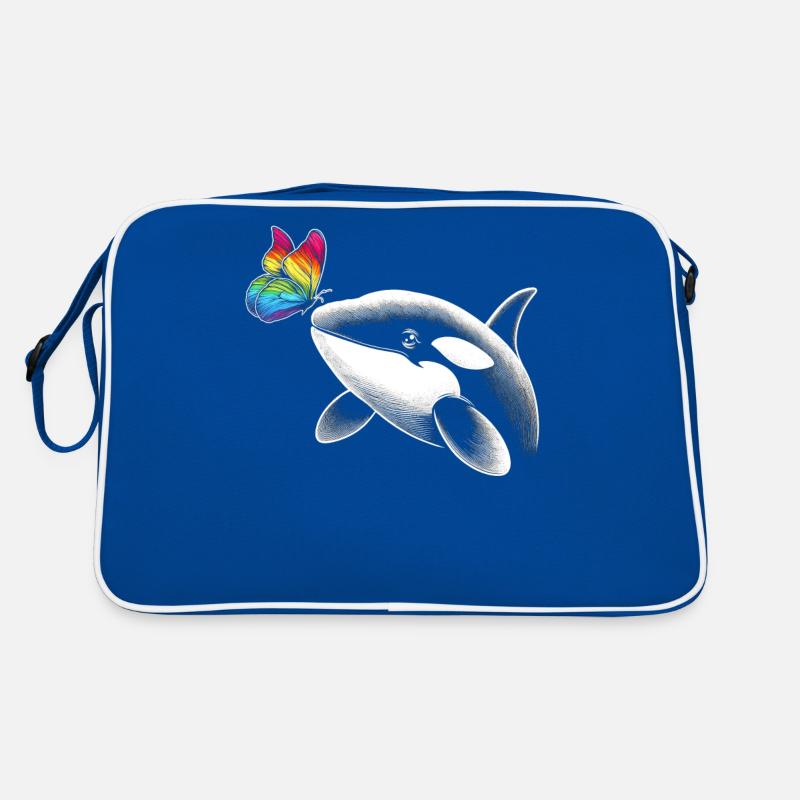 Orca Wal Schmetterlinge Tier Blumen Illustration - Retro Tasche - Blau/Weiß