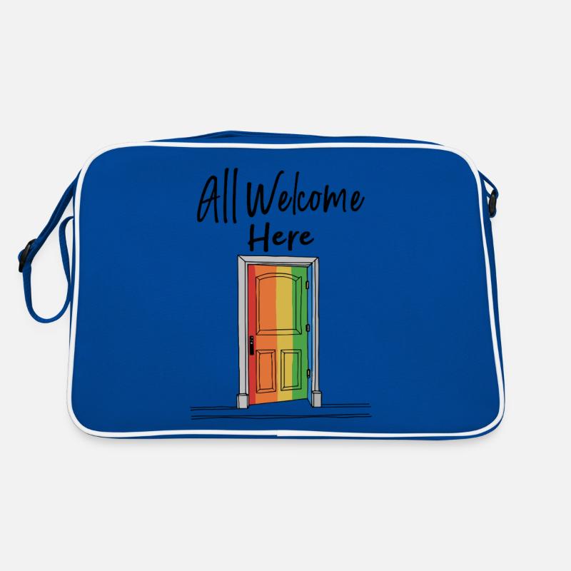 All Welcome Here Regenbogen Willkommen Retro Tasche