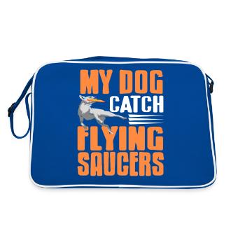 My Dog Catch Flying Saucers Funny Disc Dog Humor - Retro Bag - blue/white - Back