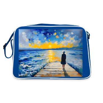 Sonnenuntergang am Pier – Impressionismus - Retro Tasche - Blau/Weiß - Hinten