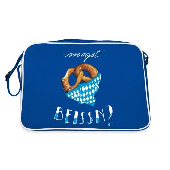 Bayern Breze "Mogst beissn?" - hell - Retro Tasche - Blau/Weiß - Hinten